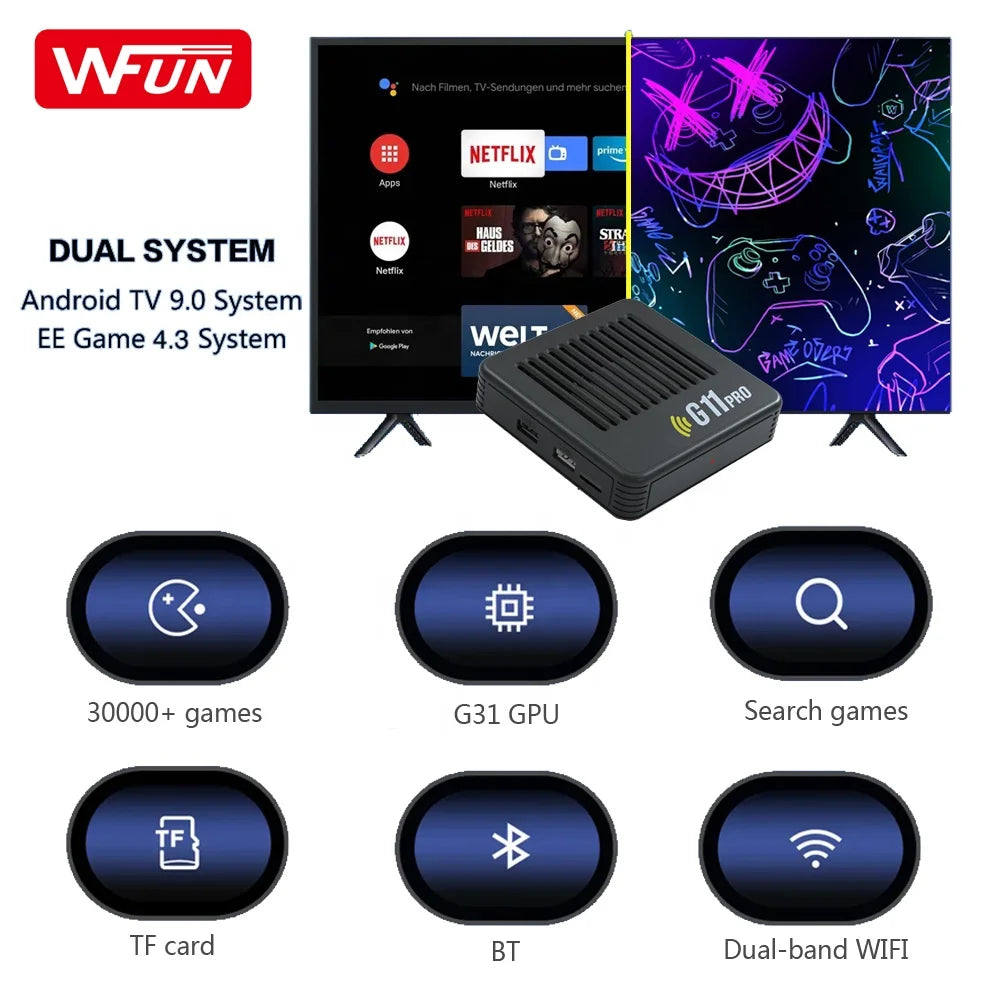 G11 Pro TV box with Android TV and gaming features on a white background, featuring WFUN branding.