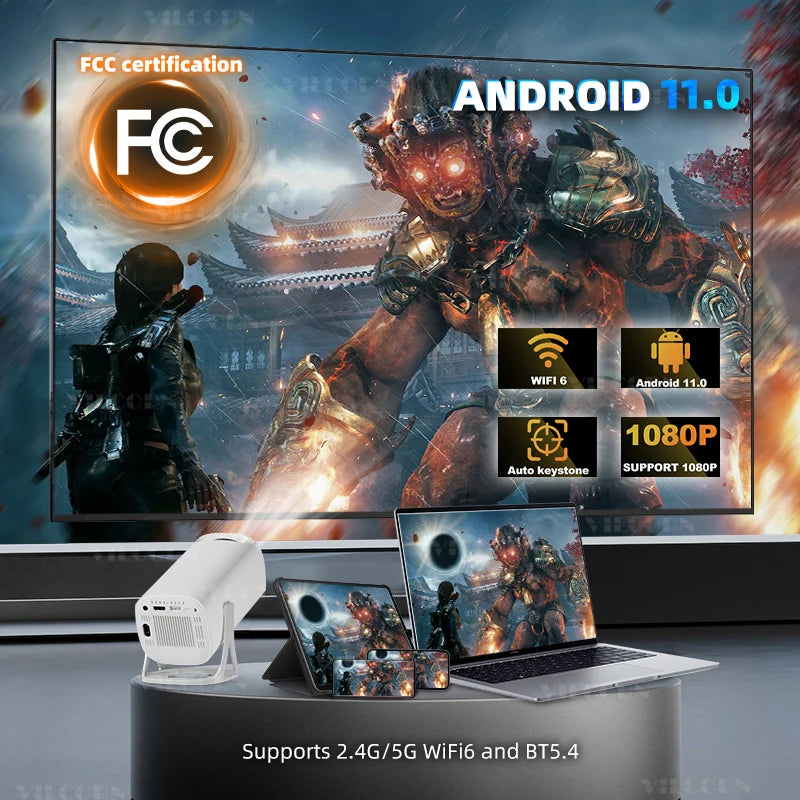 Gaming setup with TV, laptop, and tablet displaying Android 11.0 and FCC certification.