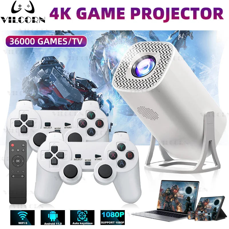 4K game projector with gaming controllers and devices on a blue background