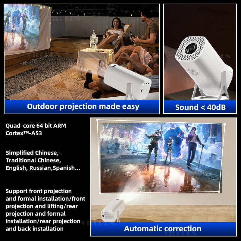 Projector with outdoor projection capabilities and user interface on screen
