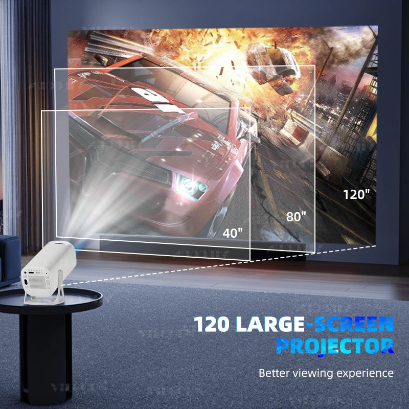 120 large-screen projector displaying a racing game on a screen with projected sizes shown.