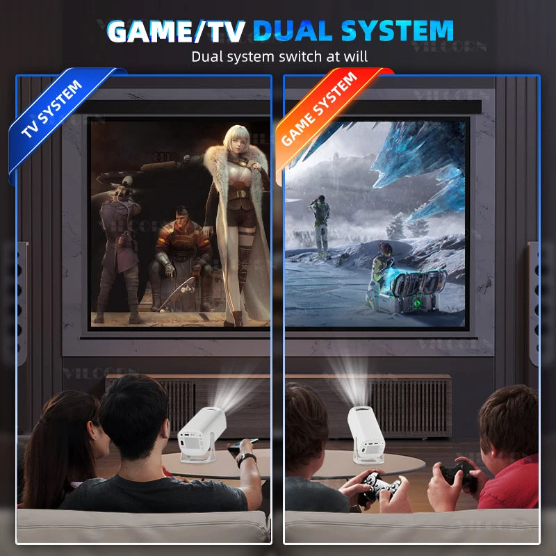 Dual system switch between TV and game systems with people playing on a couch.